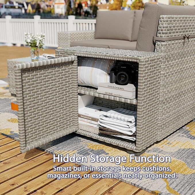 Broivira 12 Piece Patio Furniture Set, 9.8" Wide Arm Sectional Sofa with Storage Armrests, All-Weather Rattan Outdoor Conversation Set for Garden, Porch, Lawn, Backyard, Balcony, Khaki