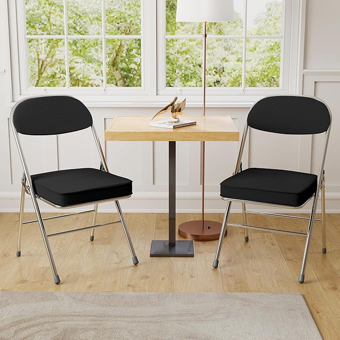Real Relax Folding Chairs with Padded Thick Seat, Durable Corduroy Fabric, Portable Stackable Commercial Folding Office Chair with Steel Frame for Events Office Wedding Party,650LB,4 Pack,Black