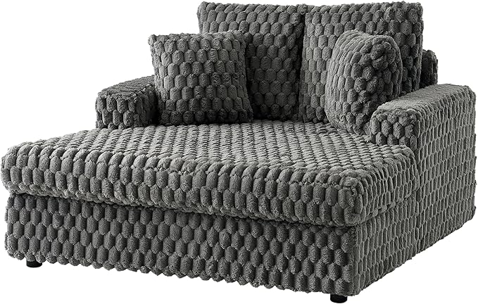 Jocisland 58 Inch Oversized Chaise Lounge, Plush Sofa Bed with Throw Pillows and Armrests, Upholstered Sleeper Chair- Comfy Chair Bed for Living Room, Ash Grey