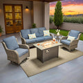 ovios 5 Pieces Patio Furniture Set, Outdoor Wicker Sofa Couch with Swivel Chairs 42" Fire Pit Table, High Back Modern All Weather Conversation Sets, Grey Rattan, Denim Blue