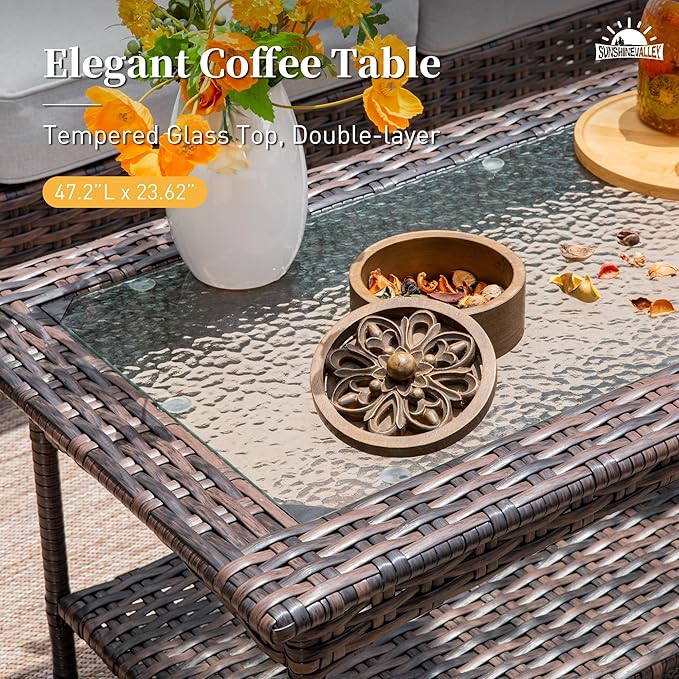 SUNSHINE VALLEY 6 Piece Patio Furniture Set with Swivel Chairs, High Back Wicker Rattan Sofa with Extra Thick Cushion, Coffee Table and Ottoman, Outdoor Conversation Set for Backyard Deck, Grey