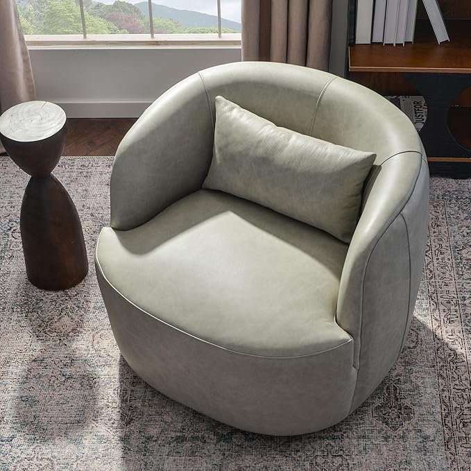 KINWELL 33'' W 100% Top Grain Genuine Leather Swivel Barrel Armchair No Assembly Round Upholstered Leather Swivel Accent Chairs with Toss Pillow for Living Room Office Lounge, Light Gray