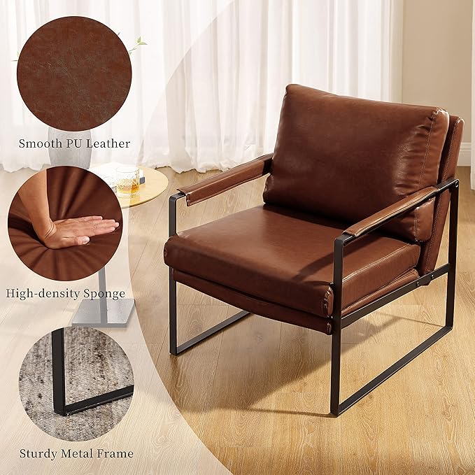 Volans Mid Century Modern Accent Chair with Arms for Living Room, Faux Leather Accent Chairs for Lounge, Metal Frame Armchair Reading Chair Single Sofa for Bedroom Office, Red Brown