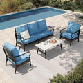 HERA'S HOUSE 4 Piece Metal Patio Furniture Set, All Weather Outdoor Conversation Set with 3 Seat Sofa, 2 x Cushioned Fixed Chair & Coffee Table, Seats 5 for Backyard, Garden, Deck, Navy Blue