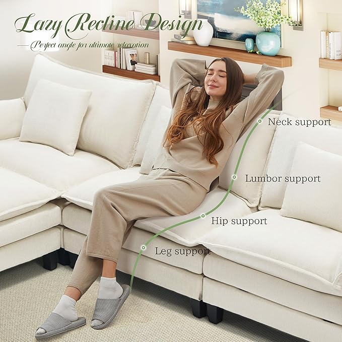 Comfy Cloud Couch with Movable Ottoman, Modular Sectional Sofa, 140" U Shaped Modern Sofa with Pillows, Deep Seat Couches for Living Room, Bedroom and Apartment, Beige