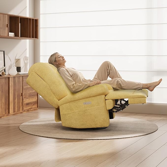 COLAMY Floren Power Swivel Recliner Chair with USB & Type-c Charge,Oversized and Padded Upholstered Deep Seat and Armrest，Rocking Recliner with Double Storage Pockets,Yellow