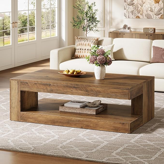 Tribesigns Coffee Table for Living Room, 47.24 Inch Farmhouse 2-Tier Accent Center Tea Cocktail Table with Storage, Brown, Rectangle