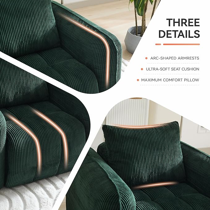 Corduroy Boneless Living Room Sets, Modern Upholstered Loveseat with 2 Signle Sofa Chairs, Comfy Deep Seat Cloud Sofa Couch Sets for Living Room, Green