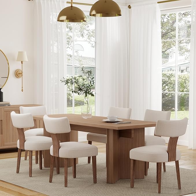 RIVOVA Mid Century Modern Dining Chairs Set of 6 Upholstered Linen Fabric Dining Chairs Curved Backrest Farmhouse Dining Room Chairs Kitchen Chairs with Wood Legs, Beige