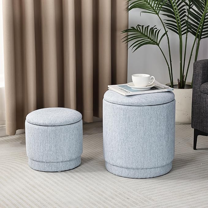Homebeez Set of 2 Round Ottomans with Storage, Linen Cotton Stool for Living Room Bedroom, Multifunctional Footrest, Coffee Table, Vanity Seat, 300 lbs Capacity, Light Blue