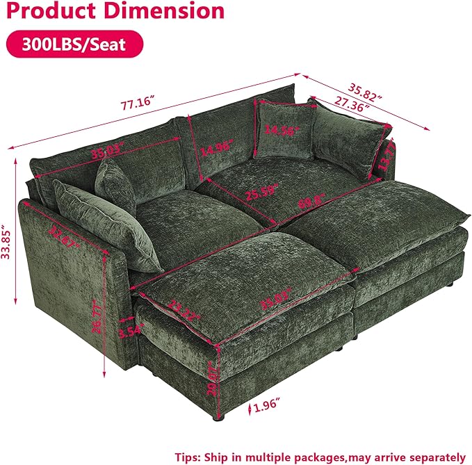 Aoowow Modular Sectional Sofa Modern Convertible Loveseat Couch,77.16 Inch Deep 2-Seater Sofas Comfy Chenille Cloud Sofas and Couches Set with 2 Movable Ottoman for Living Room Apartment（Green）