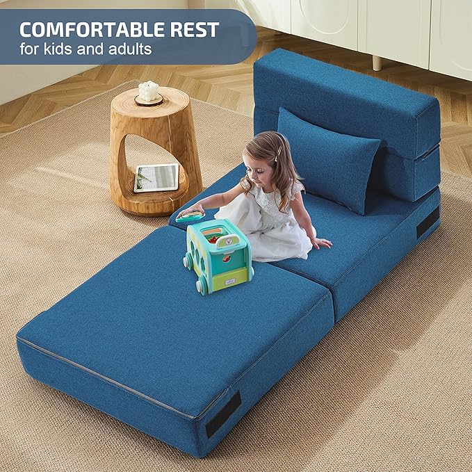 SUYOLS Folding Sofa Bed with Pillow- Convertible Chair Floor Couch & Sleeping Mattress, Foldable Memory Foam Sleeper for Living Room/Dorm/Loft, Single26 Width, Indigo