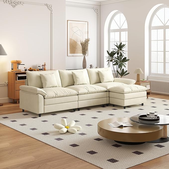 Aoowow Modular Sectional Sofa Modern Convertible L Shaped Couch,118.9 Inch Deep 3-Seater Sofas Set Comfy Chenille Cloud Sofas and Couches with Movable Ottoman for Living Room Apartment(Beige)
