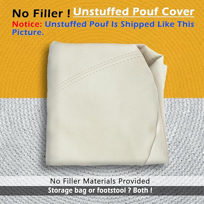 Thgonwid Unstuffed Faux Leather Pouf Cover, Handmade Footstool Ottoman Storage Solution, Floor Footrest Cushion - 16.5”Dx12”H, Ivory White