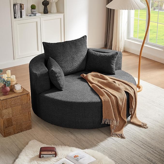 Merax 360° Swivel Chair, Chenille Fabric Accent Barrel Chair, Swivel Round Sofa Chair with 3 Removable Pillows for Living Room, Bedroom, Office and Hotel, Black