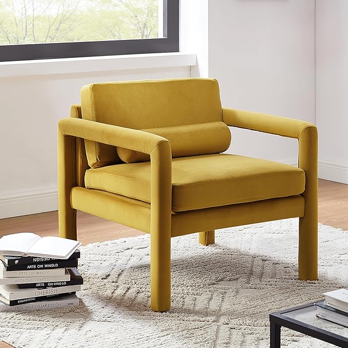 Art Leon Modern Accent Chair, Velvet Upholstered Arm Chair with Pillow, Single Sofa Chair for Living Room Bedroom, Yellow