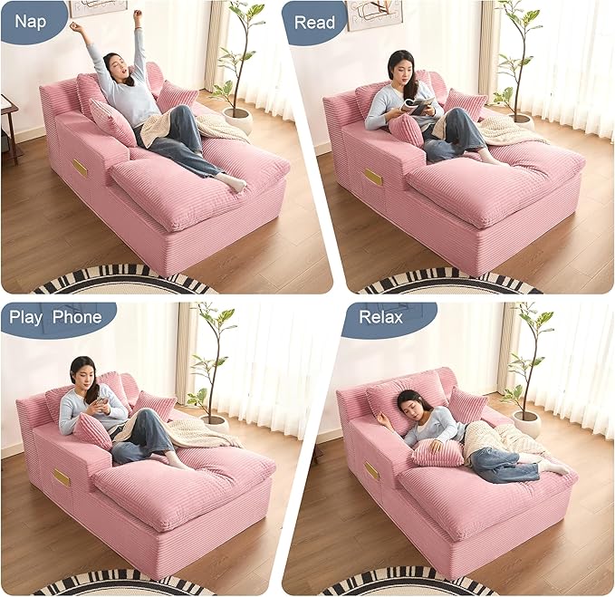 63" Oversized Boneless Chaise Lounge Chair, Extra Cloud Layer, Convertible Sleeper Sofa Couch with Removable Pillows & Side Pockets, Corduroy Upholstered Sofa Bed with Armrests for Living Room, Pink