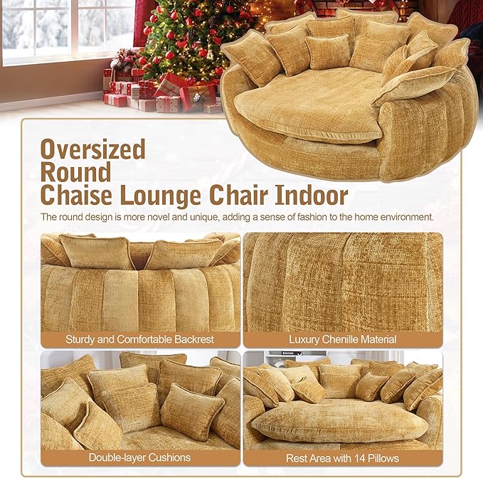 82'' Oversized Upholstered Sofa Bed, Round Chaise Lounge Chair Indoor, Modern Chenille Boneless Couch, No Assembly Required, Plush Sleeper Chair with 14 Pillows for Living Room, Yellow