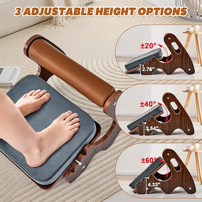 Foot Rest for Under Desk at Work- Adjustable Rocking Foot Stool with 3 Height Position and Soft Crossbar, Ergonomic Wooden Footrest with Soft Sponge Pad for Home, Office