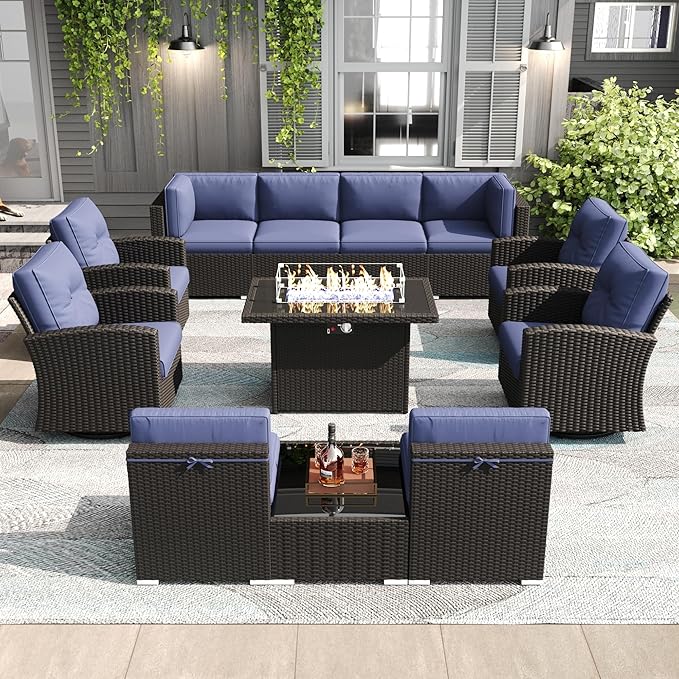 LayinSun 12 Pieces Patio Furniture Set with Fire Pit Table, Black Rattan Modular Sectional Outdoor Conversation Sofa Set, Swivel Rocking Chairs Set