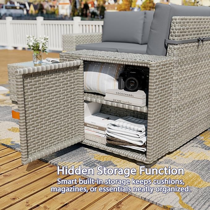 Broivira 7 Piece Patio Furniture Set with 50,000 BTU Rattan Fire Pit Table That Converts to Coffee Table, 9.8" Wide Arm Sectional Sofa with Storage Armrests, Outdoor Rattan Conversation Set, Grey