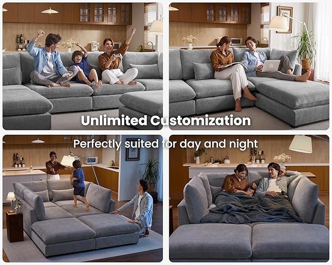 Oversized Modular Sofa, Extra Deep Cloud Chenille Sectional Couch with Ottoman Chaise, Fluffy Chenille 6 Seat U-Shaped Sofa for Living Room, Villa (U Shape 6 Seater, Chenille Grey)
