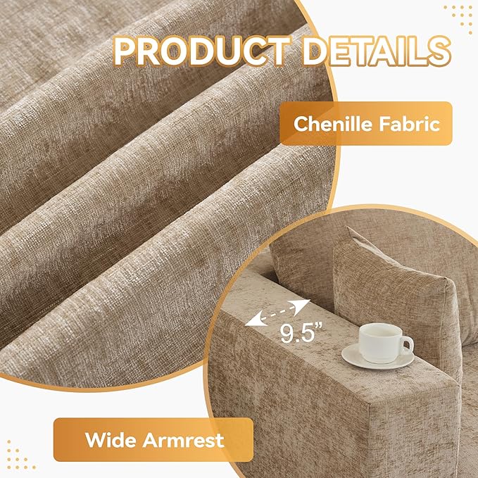 115'' Comfy Boneless Couch, Upholstered Deep Seat Modular Cloud Sofa, No Assembly Chenille Compression 3 Seater Sofa Couch for Living Room, Camel