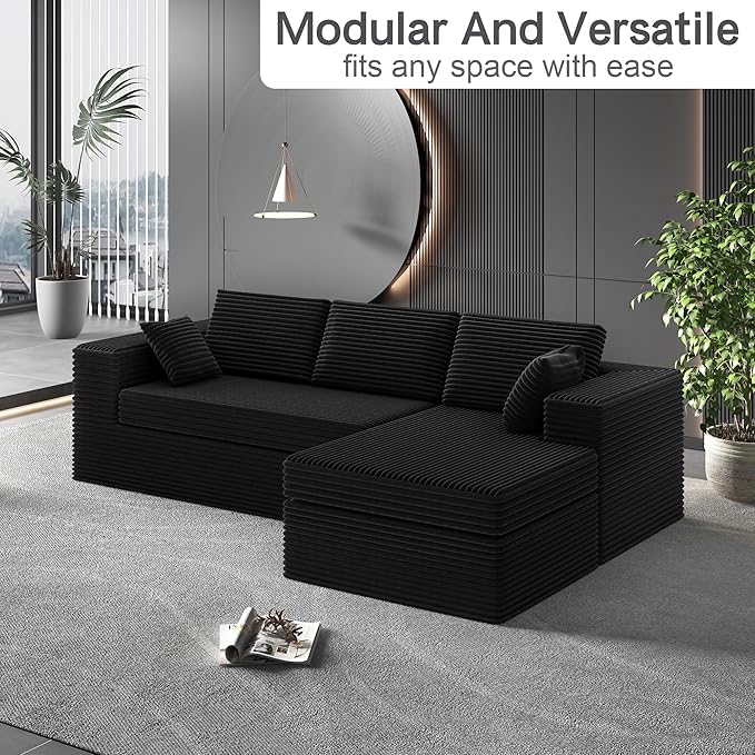 luckyvo 108-inch Boneless Couch for Living Room，Comfy Boneless Sofa with Deep Seats & Chaise Lounge, 3-Seat Modular Sofa Memory Foam Sectional Couches - No Assembly Required(Dark Black)