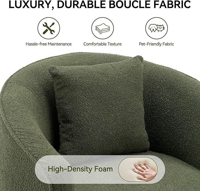 FaFaSoGoodFa Swivel Accent Chair Set of 2, Modern Upholstered Boucle Barrel Arm Chairs with Pillow for Living Room, 360 Degree Round Swivel Sherpa Armchair with Round Base for Bedroom Club (2, Green)