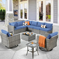 ovios Outdoor 10 Piece Coversation Set with Swivel Rocking Chair,Sectional Patio Furniture Set with All-Weather Wicker Sofa,Modern Outside Couch for Balcony Backyard Pool, Blue
