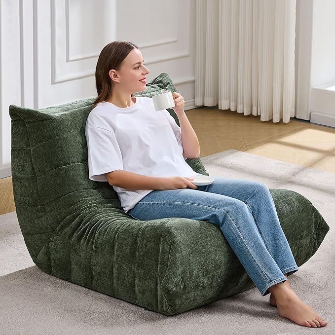 Bean Bag Chairs for Adults Giant Bean Bag Chair Memory Foam BeanBag Chair Bean Bag Sofa with Filler Faux Fur Fireside Beanbags Lazy Sofa for Living Room Bedroom Office (Green Chenille, Single)