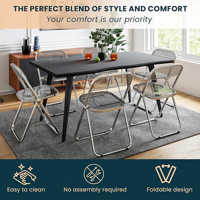 LeisureMod Lawrence Modern Clear Acrylic Folding Chair with Metal Frame, Space-Saving Transparent Seating for Dining Room, Home Office, Bedroom, Vanity or Small Spaces, (Transparent Black, Set of 2)
