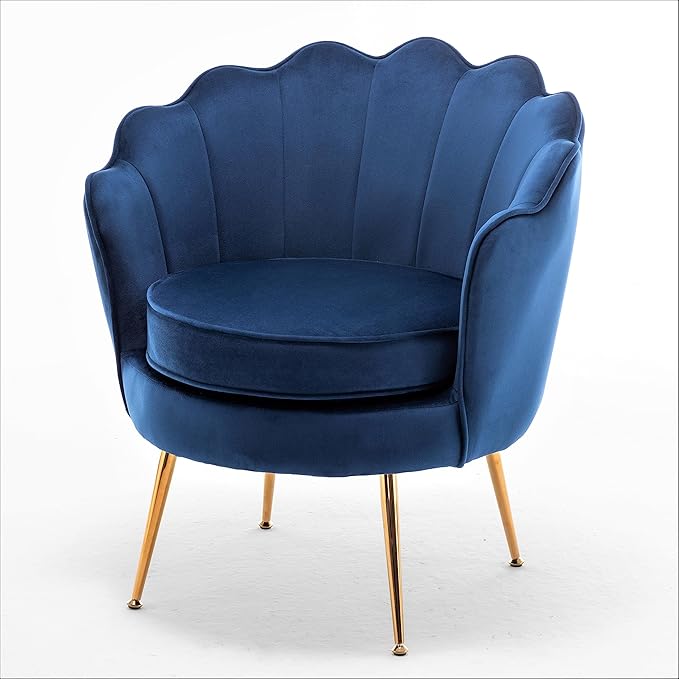 Container Furniture Direct Velvet Barrel Accent Chair with Scalloped Silhouette and Gold Metal Legs, Decorative Piece Suitable for Traditional, Modern, and Contemporary Spaces, Navy Blue