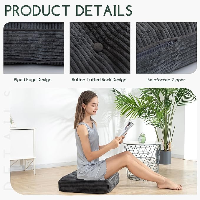 Tufted Corduroy Recliner Seat Cushion for Elderly, High Density Foam Large Square Seat Cushion for Recliner Chair, Floor Pillow, Office Chair, Car, No Pressure on Thighs, 20x20x4