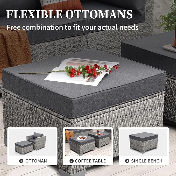 WAROOM Patio Furniture Set 6 Piece Outdoor Patio Set Grey Wicker Balcony Furniture Conversation Sets PE Rattan Couch Sofa with Coffee Table, Grey Cushion