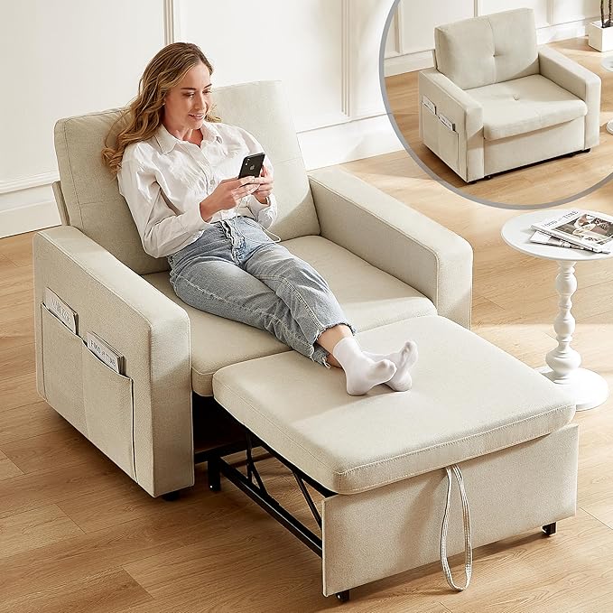 WEUP 42.5" Sleeper Sofa Chair Bed, 3-in-1 Convertible Sleeper Chair with Pull Out Bed, Adjustable Reclining Backrest, Side Pockets, Basic Beige