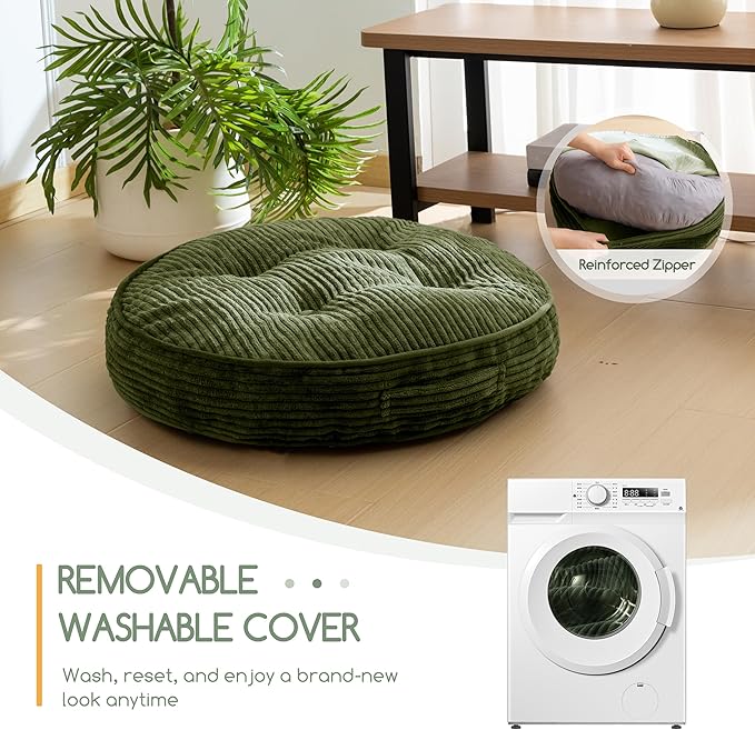 HIGOGOGO Washable Floor Pillow Cushion for Adults, Meditation Cushion Pillow, Large Round Floor Sitting, Removable Tufted Corduroy Cover, for Tatami Living Room or Yoga, 22x22 Inch, Machine Washable