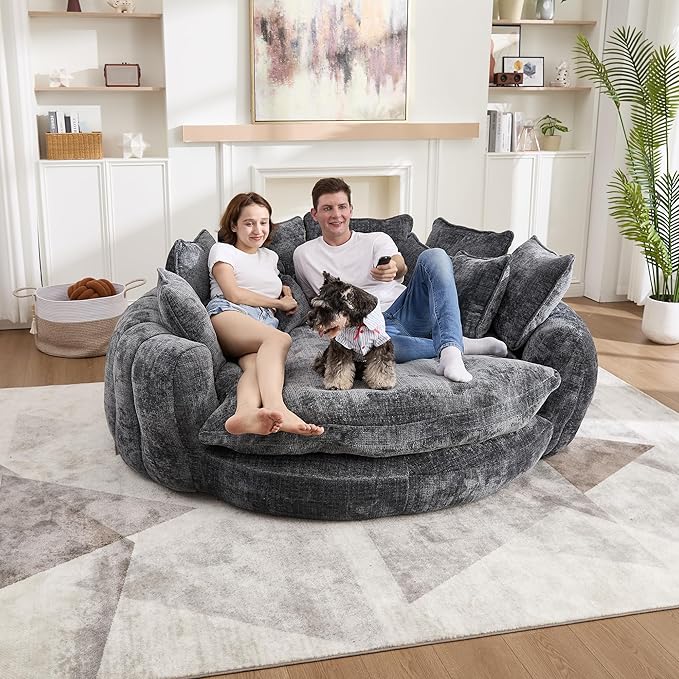 81" Oversized Bean Bag Chair Boneless Round Chaise Lounge Comfy Chenille Reading Chair Fluffy Plush Sofa Bed Large Deep Seat Circle Cloud Couch for Living Room, Bedroom, Apartment, Dark Gray