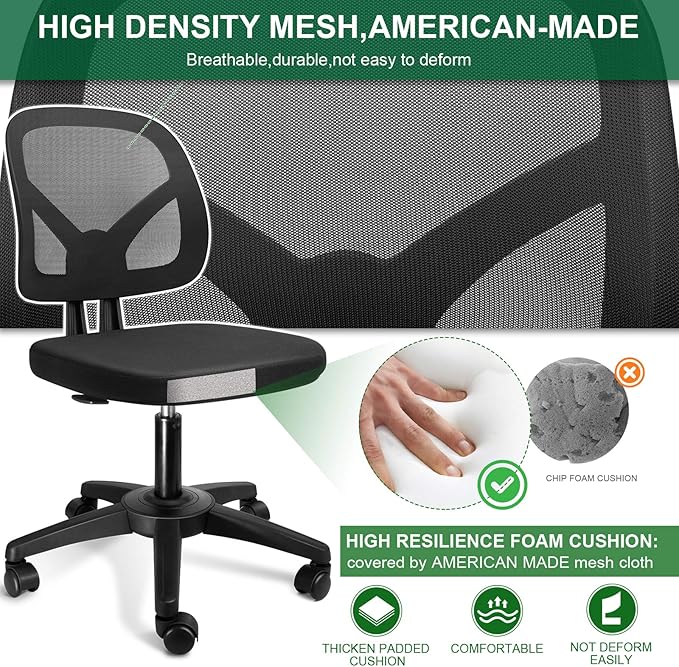 KOLLIEE Armless Office Chair Mesh Ergonomic Small Desk Chair Armless Adjustable Swivel Black Computer Task Chair No Armrest Mid Back Home Office Chair for Small Spaces