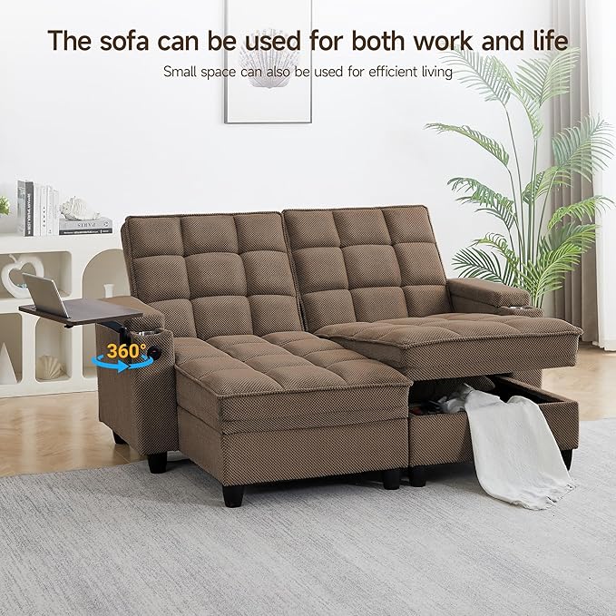 70.9" Chaise Lounge Chair Indoor, Oversized Boucle Upholstered Sofa Bed, Adjustable Backrest Deep Seat Reading Chair, Sofas Couches for Living Room with Storage, Cup Holders and 360° Swivel Side Table