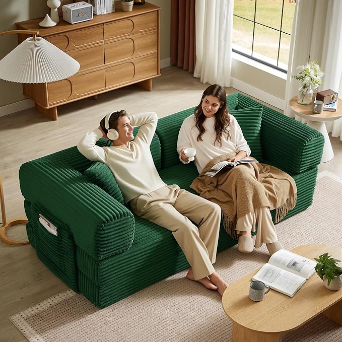 Chorlenimi Boneless Couch Futon Sofa Bed Sectional Couches for Living Room,Cloud Couch with Sleeper Sofa,Sofas for Living Room Oversized Corduroy Upholstered (Green, 81 Inches (with Iron Frame))