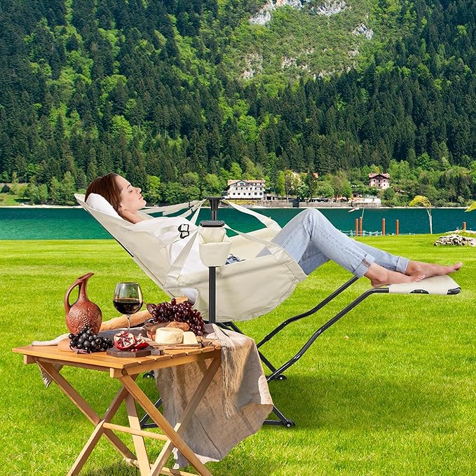 GDY Camping Chairs, Oversized Hammock, Folding Rocking Chairs, Adjustable Back Swing Chairs, Cup Holder, Outdoor Beach Lawn, White.
