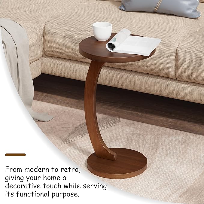 COZAYH C Shaped Round End Table for Couch Small Place, Space Saver Side Table for Sofa, Living Room, Bedside Area, Coffee and Eating Snack Tray, Walnut Color