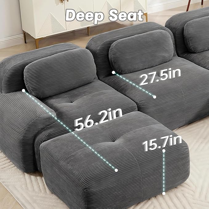 SoarFlash 81” Sectional Cloud Boneless Sofa Couches for Living Room-2 Seater L-Shaped Modern Lounge Couch-No Assembly Modular Corduroy Convertible Sponge Sleeper Sofas with Chaise for Home House,Grey