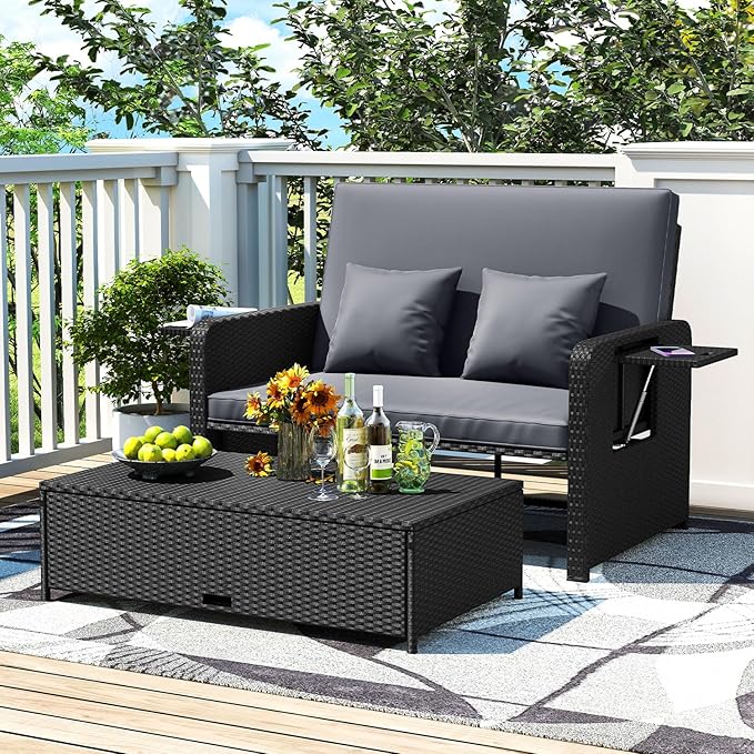 RELAX4LIFE Wicker Patio Outdoor Daybed - Rattan Day Bed Lounger w/Loveseat & Storage Ottoman, Sunbed Sofa Set w/Cushions, 4-Level Adjustable Backrest & 2 Retractable Trays, Patio Daybed (Grey-Black)