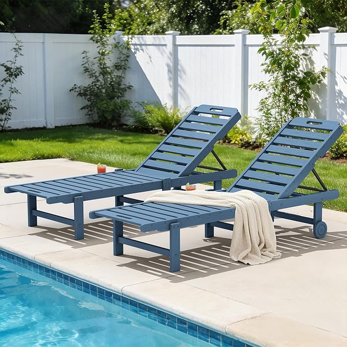 SERWALL Patio Chaise Lounge Set of 2, 78" Long Outdoor Lounger with Cup Holder and Rolling Wheels, HDPE Pool Chaise for Poolside, Deck, Sunbathing, Blue