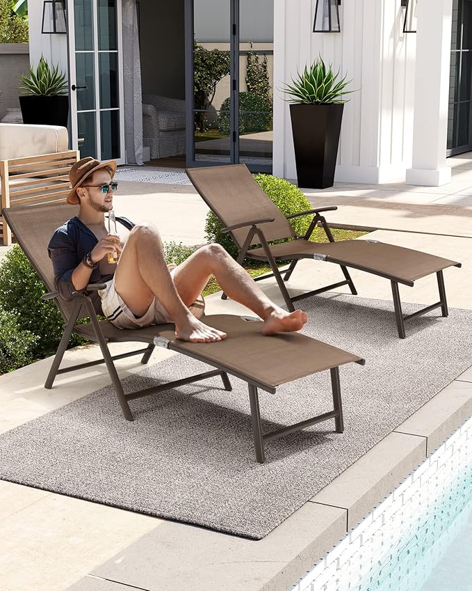 Crestlive Products Chaise Lounge Chair Outdoor Set of 2, Aluminum Folding Patio Recliner Chair, Adjustable 8 Positions Assemble-Free Perfect for Beach, Yard, Pool, Deck