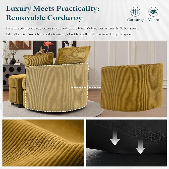 Chorlenimi Swivel Accent Chair Round Barrel Armchair Upholstered Living Room Chair Corduroy Reading Chair Single Sofa Chair for Bedroom Apartment Office (Yellow, Upgrade 1Seater+ Ottoman)