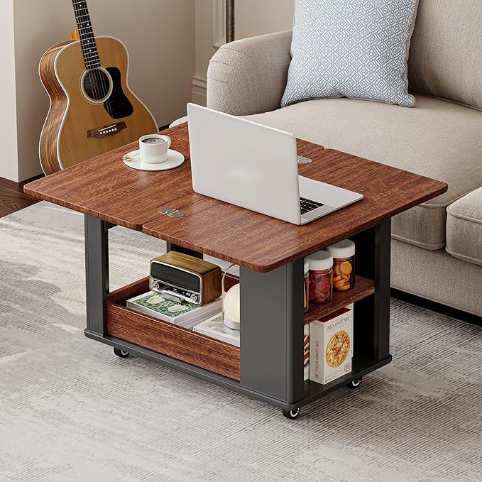 27.6" Modern Multi-Function Coffee Table with Foldable Top & Casters,Side Table with Multi-Tier Storage,Black & Walnut