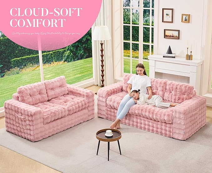 Hobestluk Sofa Couch Loveseat Sofa with Bubble Fabric 2-Seater Sofa for Small Spaces Comfortable Foam Floor Sofa 2 in 1 Boneless Couch for Living Room Bedroom Apartment or Office (Pink, Loveseat)
